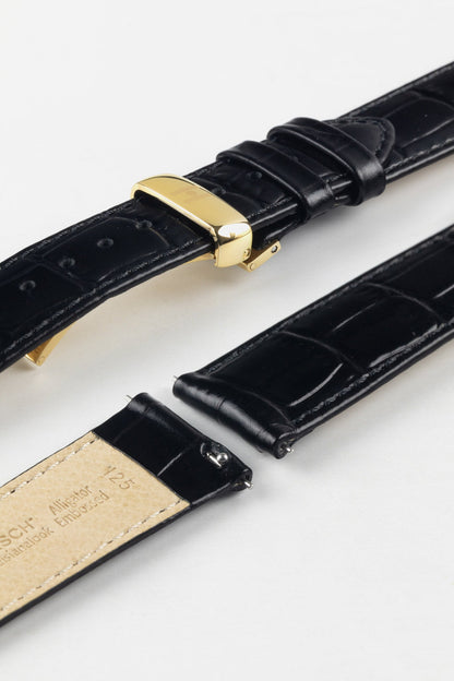 HIRSCH Louisianalook Black quick-release strap detail with a polished gold deployment clasp for security.