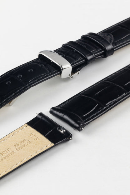 HIRSCH Louisianalook Black strap offering a high-end look at an affordable price, with a silver deployment clasp.