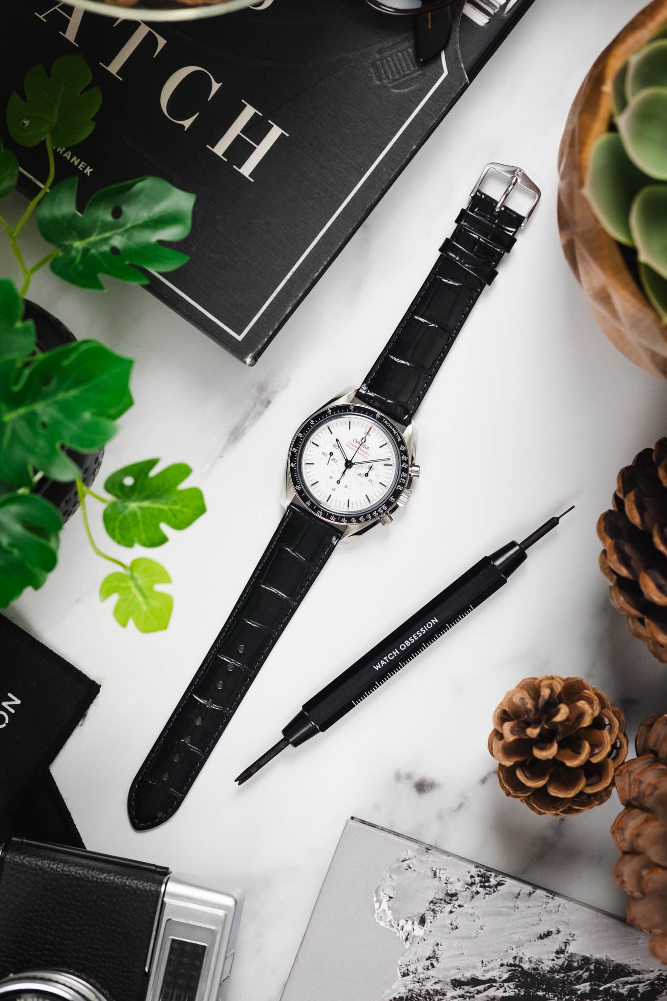 Flat lay of a Omega Speedmaster watch on a black Louisianalook strap, displayed with a spring bar tool and sunglasses.