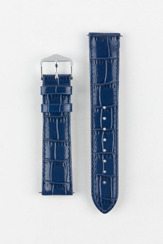 Full view of HIRSCH Louisianalook Blue leather strap with alligator embossing and a classic silver buckle.