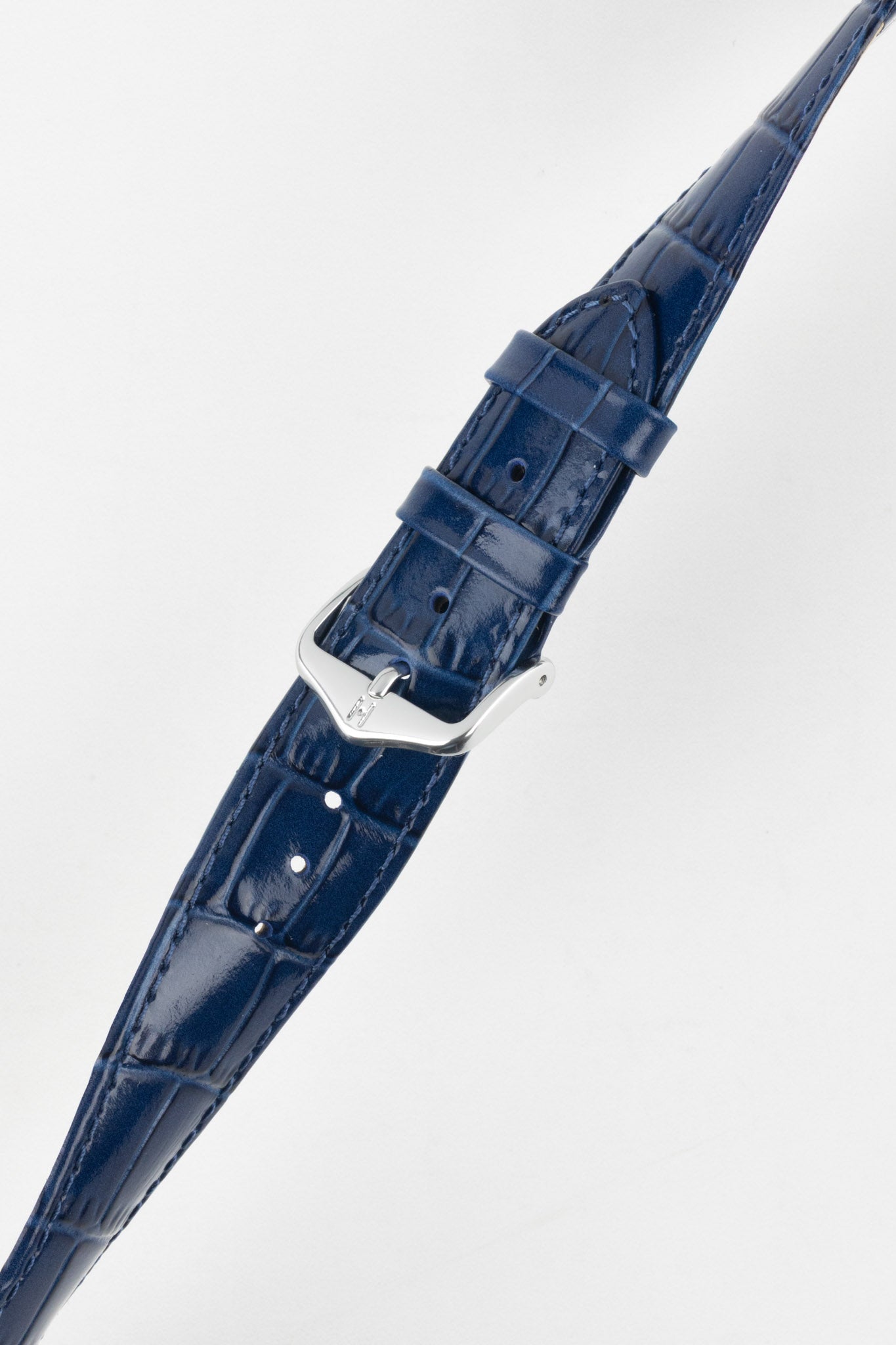 Angled shot of a polished silver buckle on the stylish and affordable Louisianalook Blue watch strap.