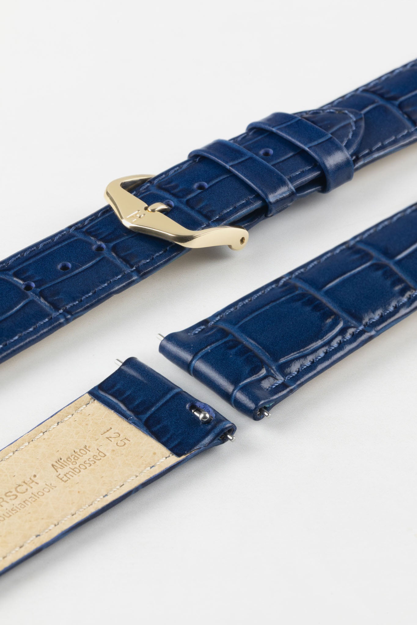 HIRSCH Louisianalook Blue quick-release strap with alligator-look texture and a polished gold buckle.