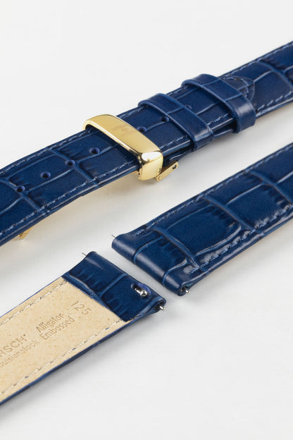 Detail shot of the Louisianalook Blue strap's quick-release pins and gold deployment clasp for easy fitting.