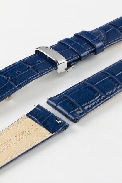 Detail shot of the Louisianalook Blue strap's quick-release pins and silver deployment clasp for easy fitting.