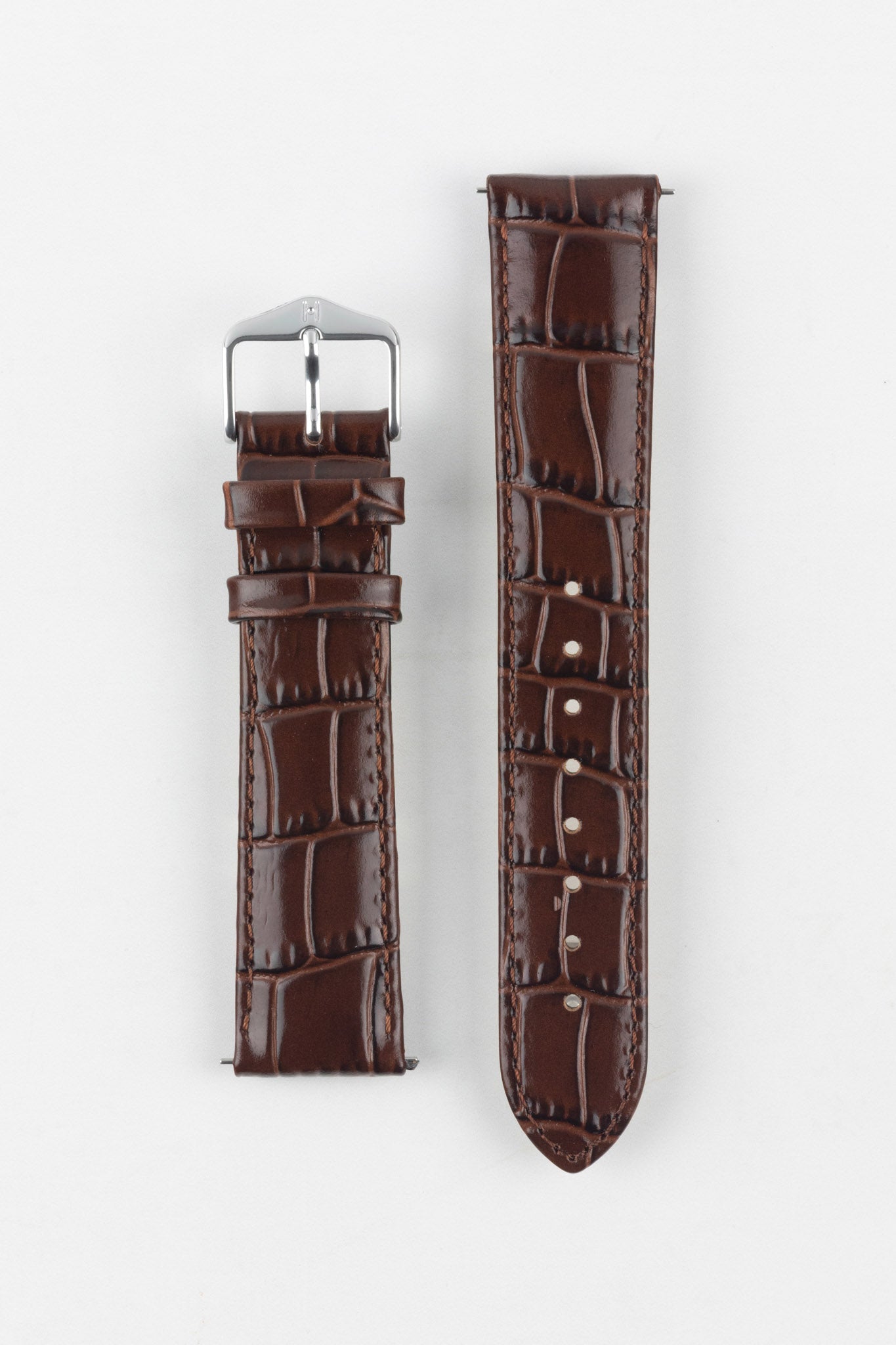 Full view of HIRSCH Louisianalook Brown leather strap with rich brown alligator embossing and a silver buckle.
