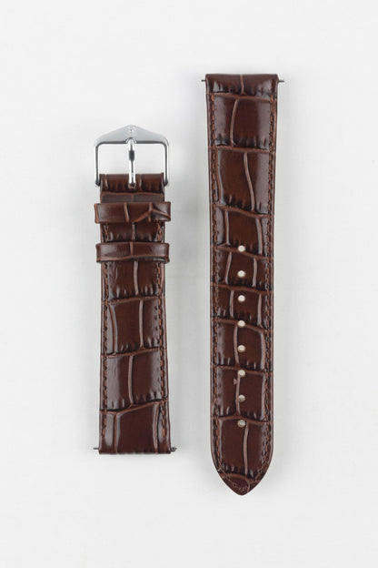 Full view of HIRSCH Louisianalook Brown leather strap with rich brown alligator embossing and a silver buckle.