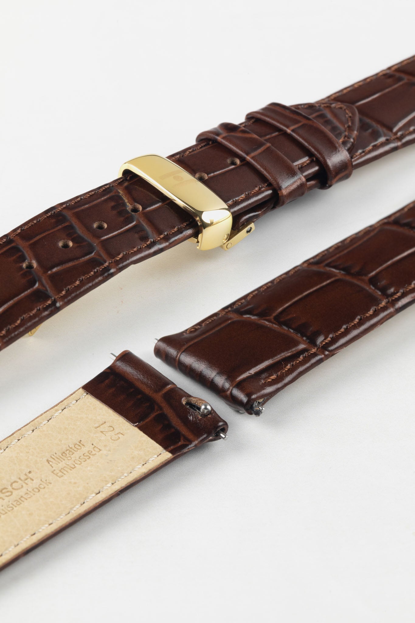 HIRSCH Louisianalook Brown quick-release strap detail with a polished gold deployment clasp for convenience.