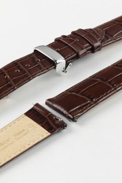 HIRSCH Louisianalook Brown quick-release strap detail with a polished silver deployment clasp for convenience.