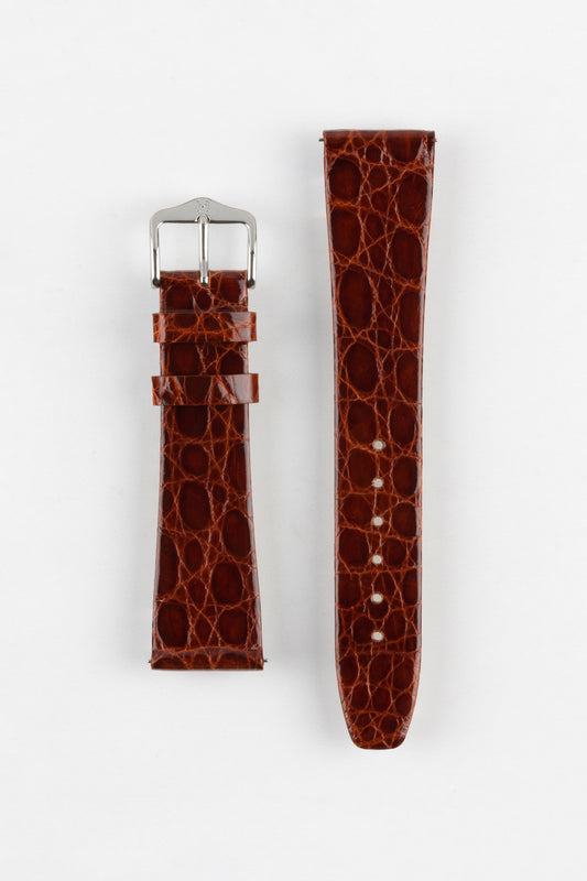 Hirsch PRESTIGE Shiny Genuine Crocodile Leather Watch Strap in GOLD BROWN