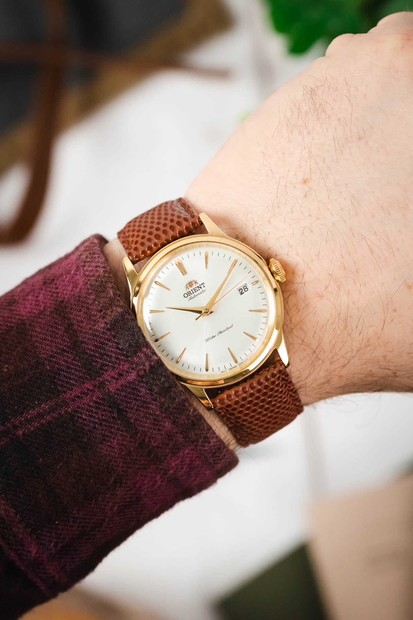 Hirsch RAINBOW Lizard Embossed Leather Watch Strap in GOLD BROWN