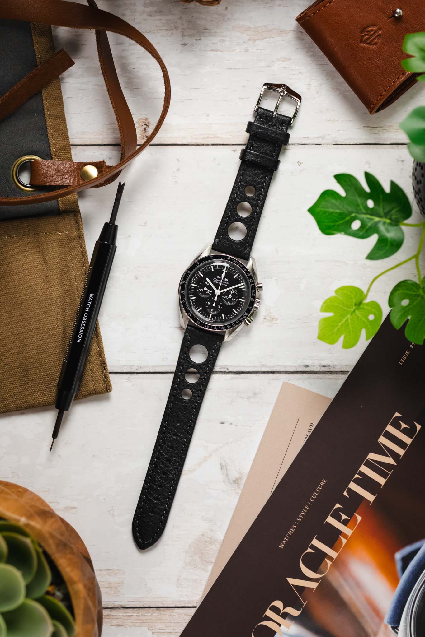 Black Leather Racing Style Watch Strap Natural Leather Watch Strap