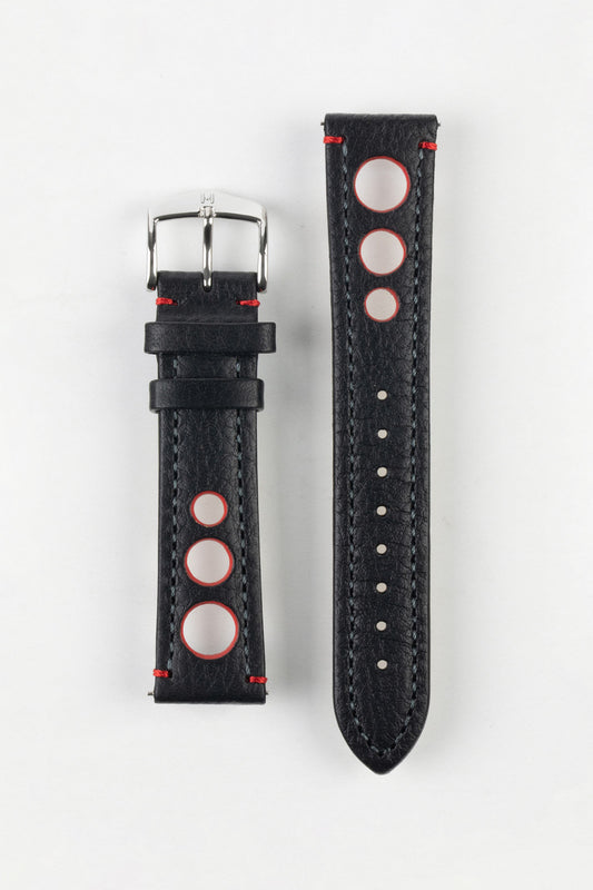 Hirsch RALLY Natural Leather Racing Watch Strap in BLACK / RED