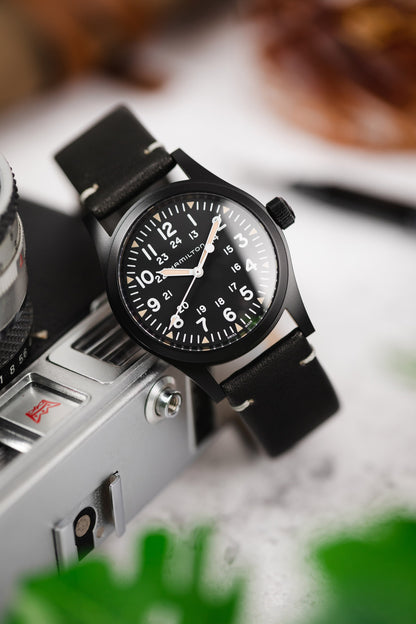 Hirsch Ranger Retro Leather Parallel Watch Strap - Black