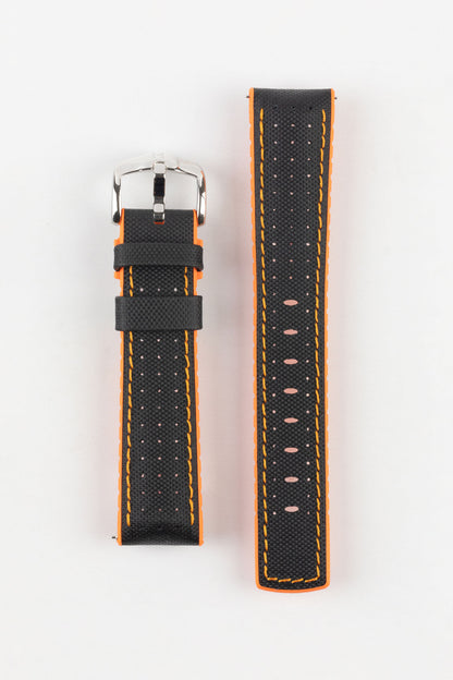 Hirsch Robby Sailcloth Effect Waterproof Performance Watch Strap in BLACK / ORANGE