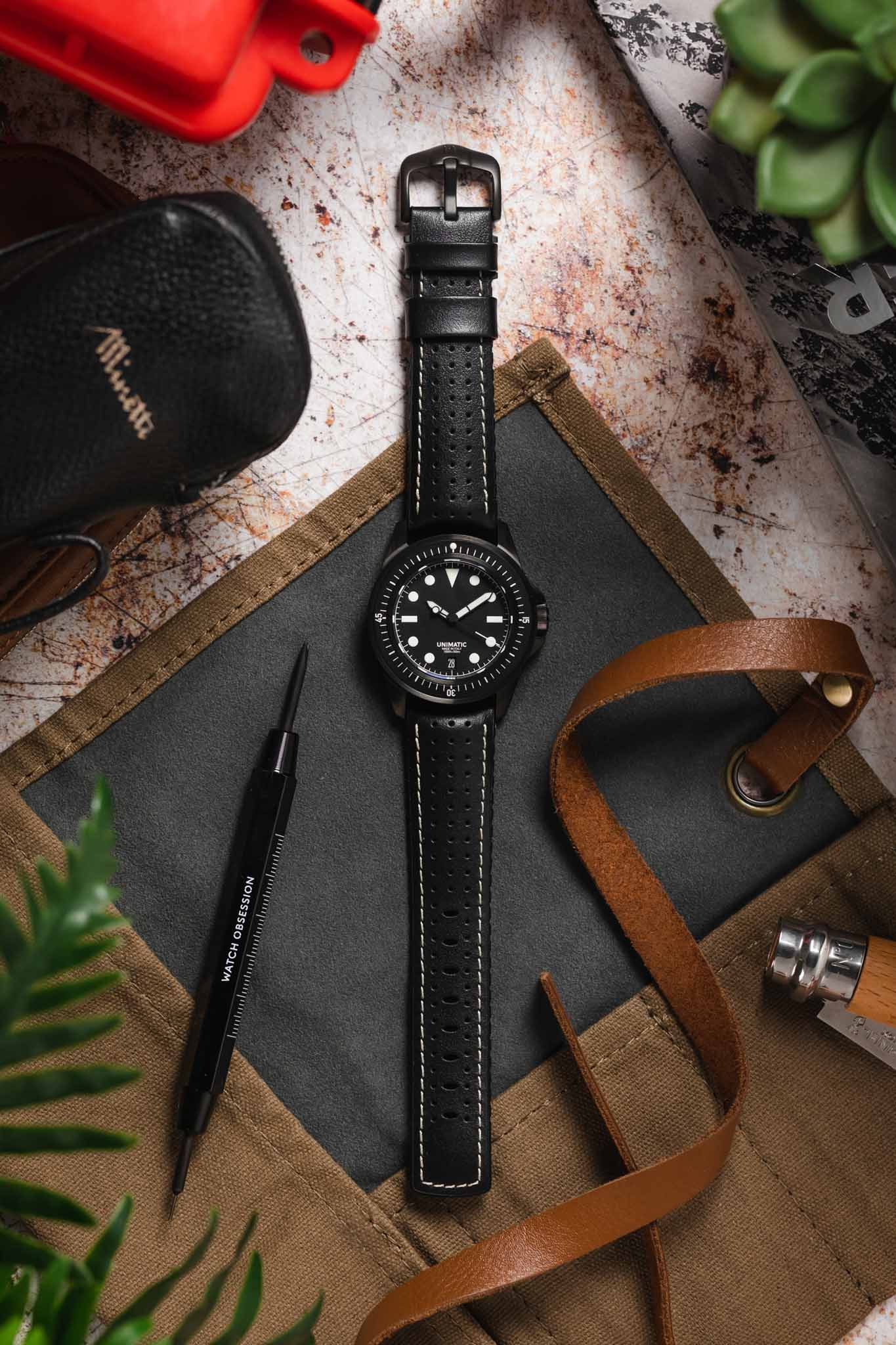 Hirsch TIGER Perforated Leather Performance Watch Strap in BLACK