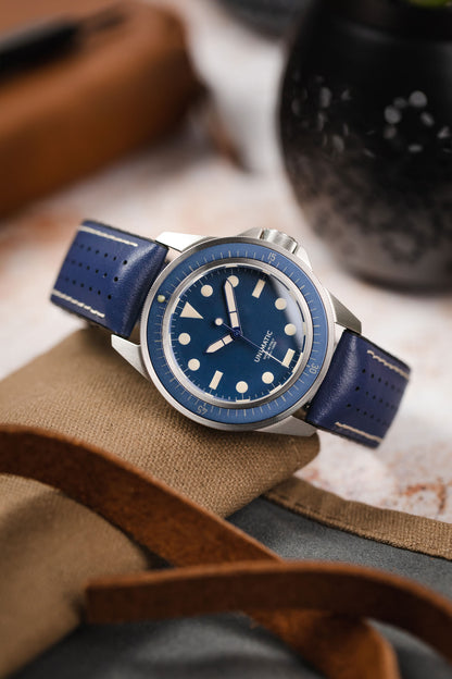 Hirsch TIGER Perforated Leather Performance Watch Strap in BLUE