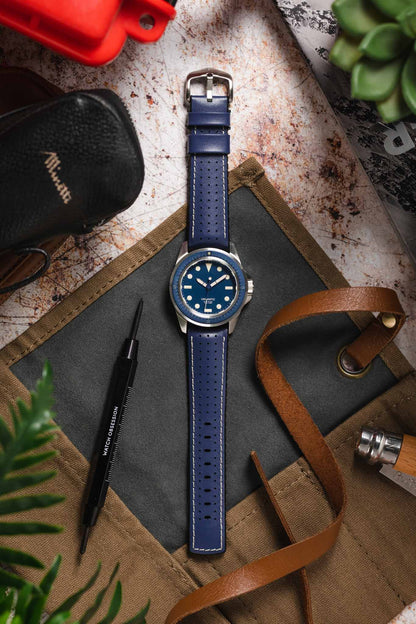 Hirsch TIGER Perforated Leather Performance Watch Strap in BLUE