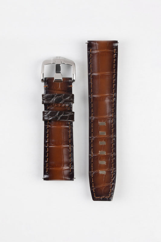 Hirsch TRITONE VINTAGE Padded Alligator Leather Watch Strap in Two-Tone BROWN