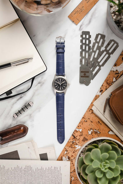 Hirsch DUKE Quick-Release Alligator Embossed Leather Watch Strap in BLUE
