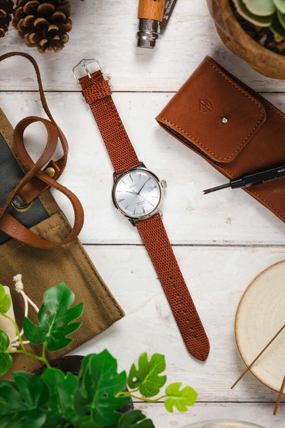 Hirsch LIZARD Leather Watch Strap in GOLD BROWN