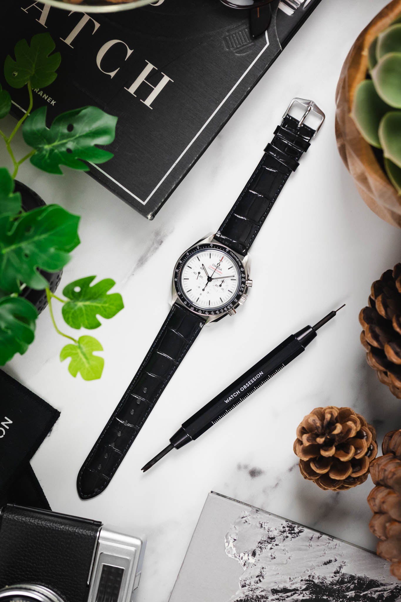Flat lay of a Seiko Presage watch on a black Louisianalook strap, displayed with a spring bar tool and sunglasses.