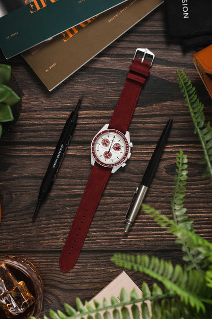 Hirsch OSIRIS Limited Edition Calf Leather with Nubuck Effect Watch Strap in BURGUNDY