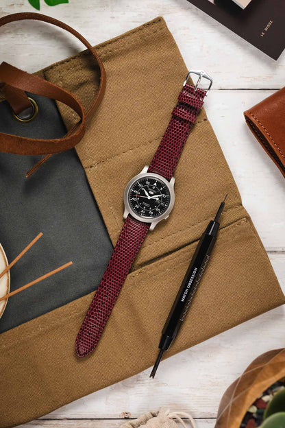 Hirsch RAINBOW Lizard Embossed Leather Watch Strap in BURGUNDY