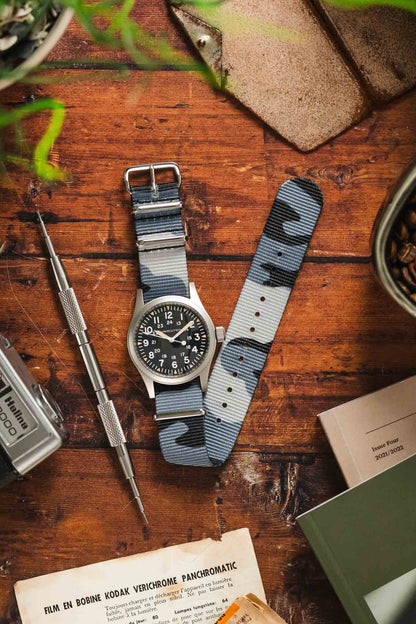 Hirsch RUSH Nylon One-Piece Watch Strap in GREY CAMOUFLAGE