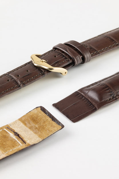 Hirsch DUKE Open Ended Alligator Embossed Leather Watch Strap in BROWN