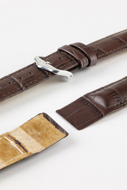 Hirsch DUKE Open Ended Alligator Embossed Leather Watch Strap in BROWN