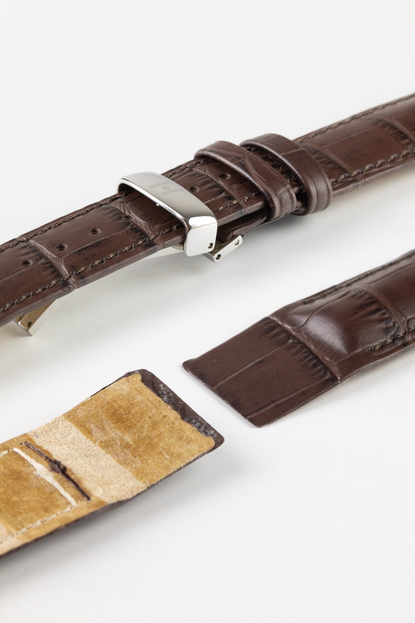 Hirsch DUKE Open Ended Alligator Embossed Leather Watch Strap in BROWN