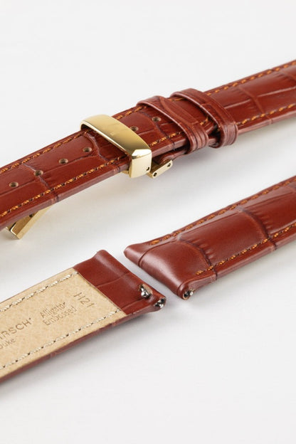 Hirsch DUKE Quick-Release Alligator Embossed Leather Watch Strap in GOLD BROWN