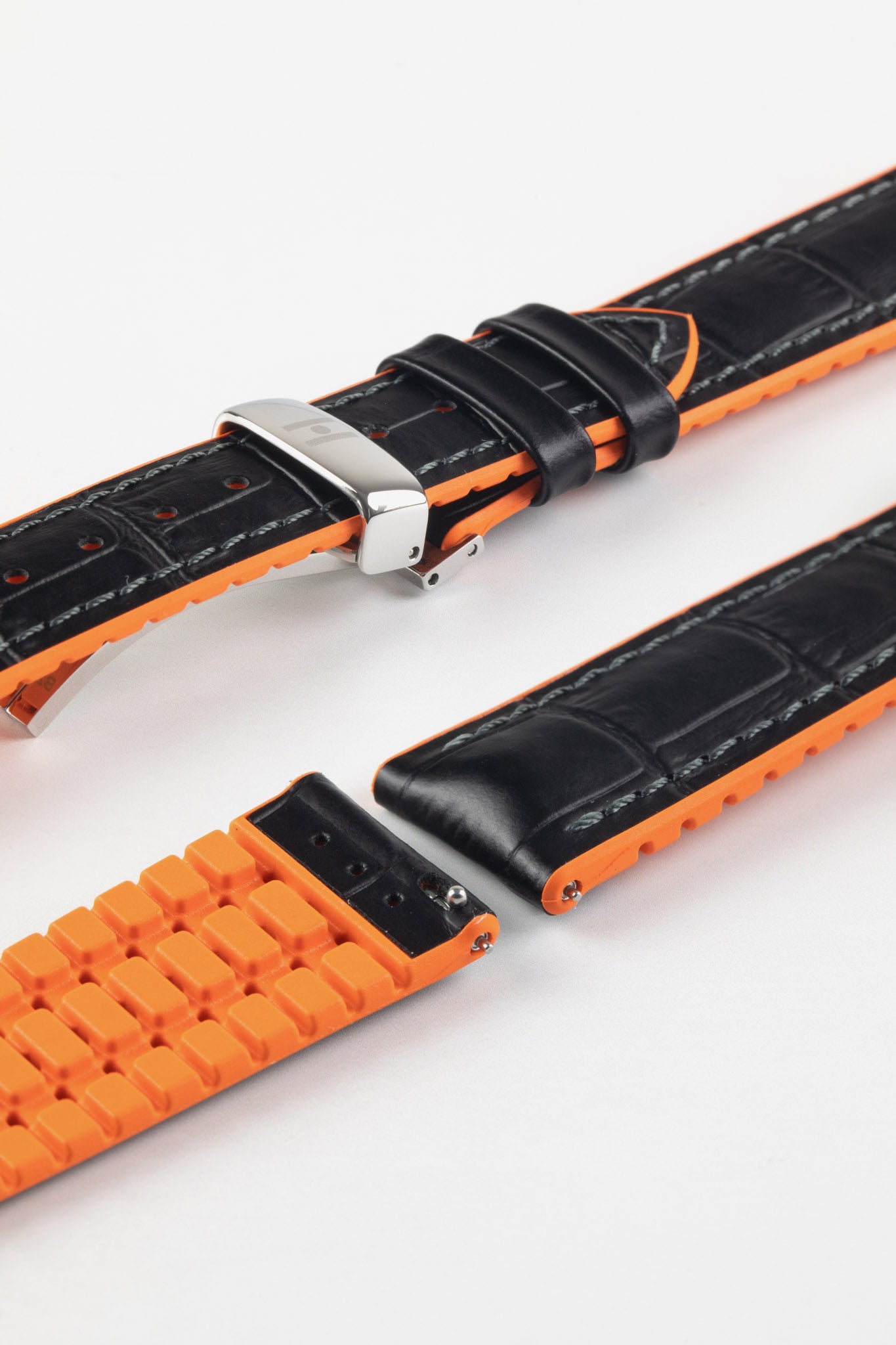 black and orange watch strap (fastened)