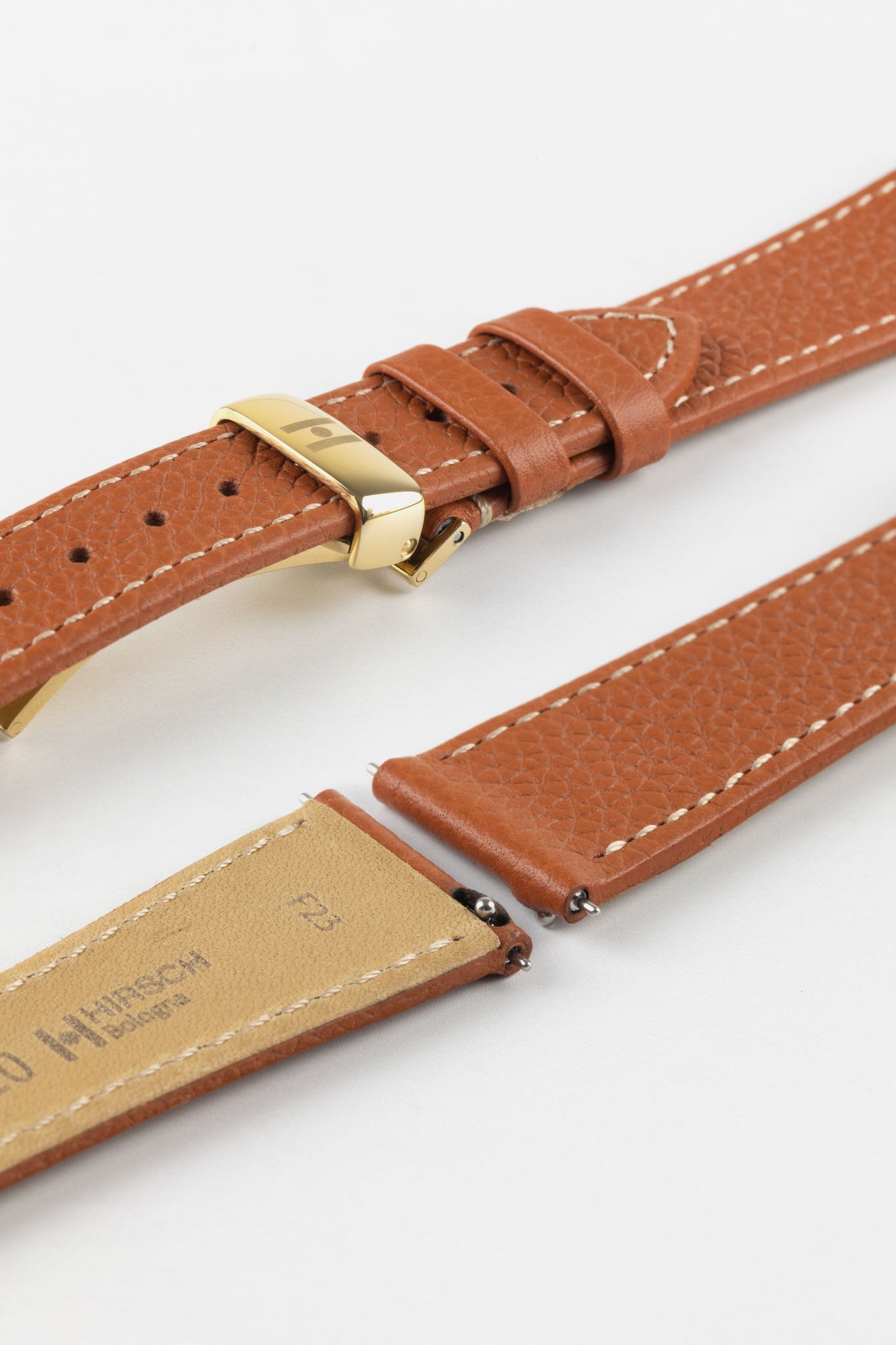 Quick release of gold brown hirsch bologna watch strap and polished gold sport deployment clasp