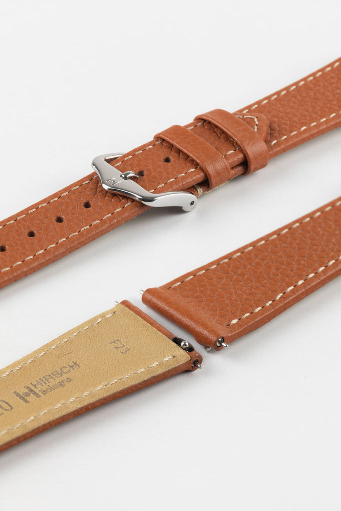Quick release of gold brown hirsch bologna watch strap and polished stainless steel embossed buckle