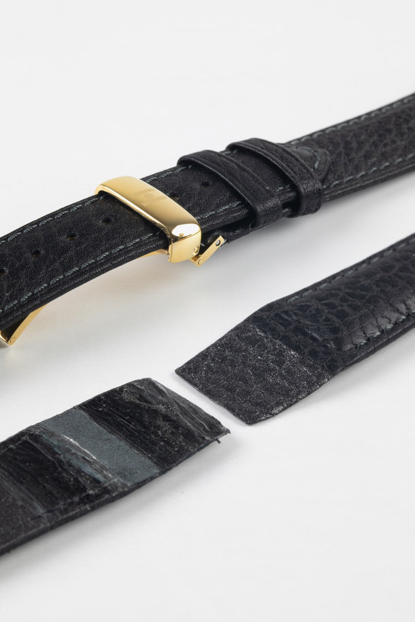 Hirsch Camelgrain Hypoallergenic Leather Watch Strap - Black Band / Gold Buckle - M - 20mm - Open Ended, Adult Unisex, Size: Medium - 20mm - Open
