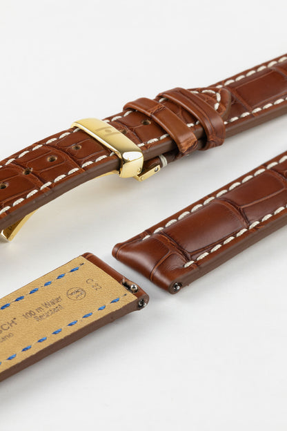 Hirsch CAPITANO Padded Alligator Leather Water-Resistant Watch Strap in GOLD BROWN