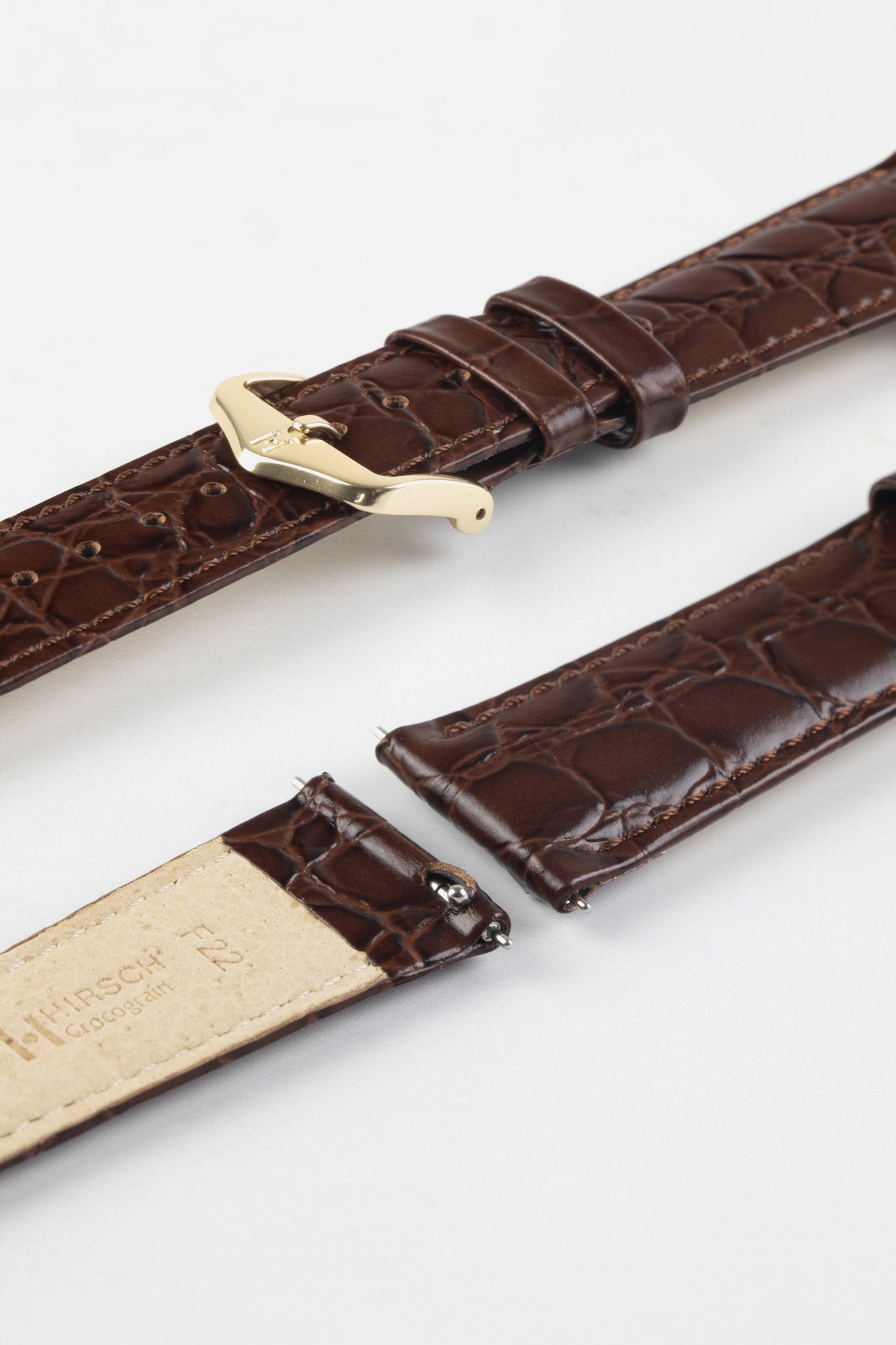 Hirsch CROCOGRAIN Crocodile Embossed Leather Watch Strap in BROWN