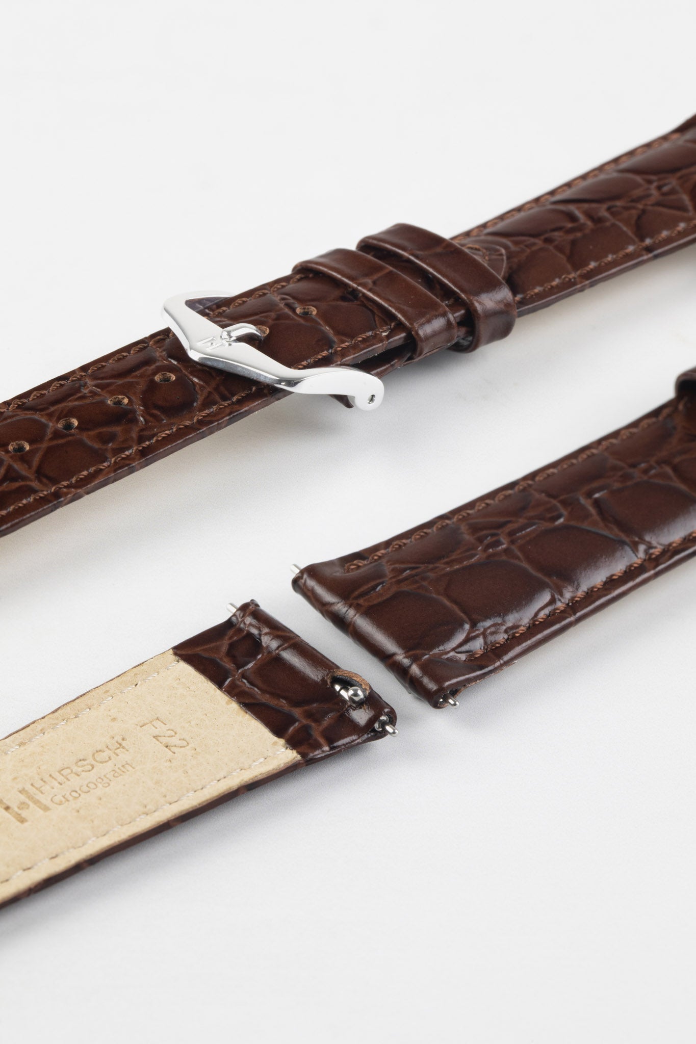 Hirsch CROCOGRAIN Crocodile Embossed Leather Watch Strap in BROWN