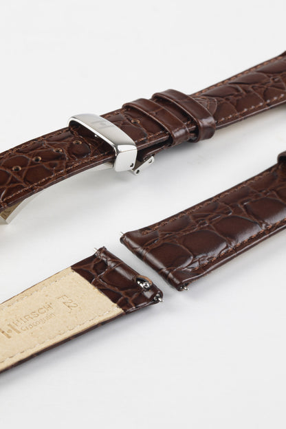 Hirsch CROCOGRAIN Crocodile Embossed Leather Watch Strap in BROWN