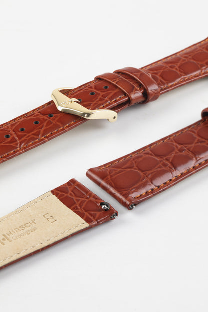 Hirsch CROCOGRAIN Crocodile Embossed Leather Watch Strap in GOLD BROWN