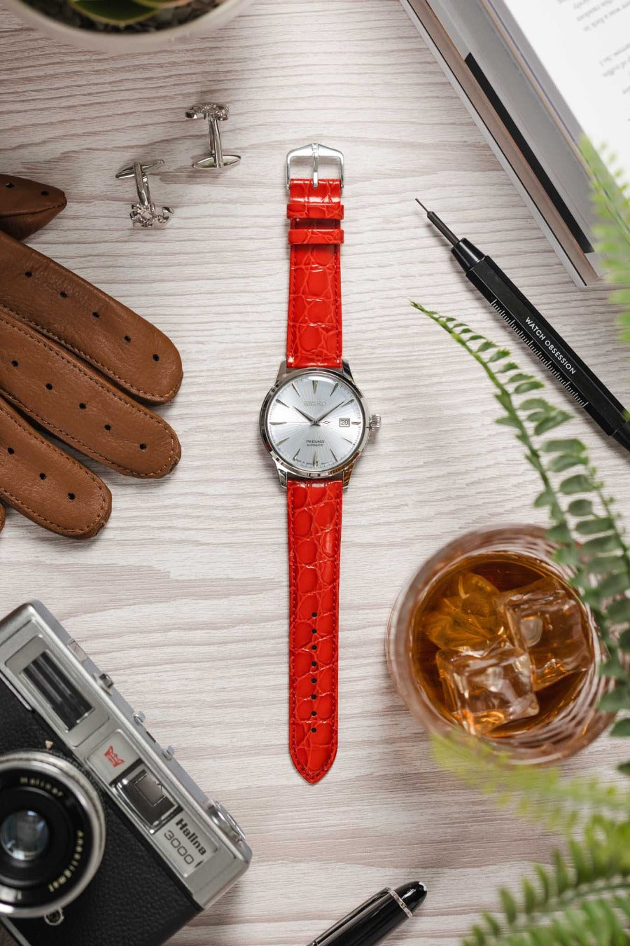 Hirsch CROCOGRAIN Crocodile Embossed Leather Watch Strap in RED
