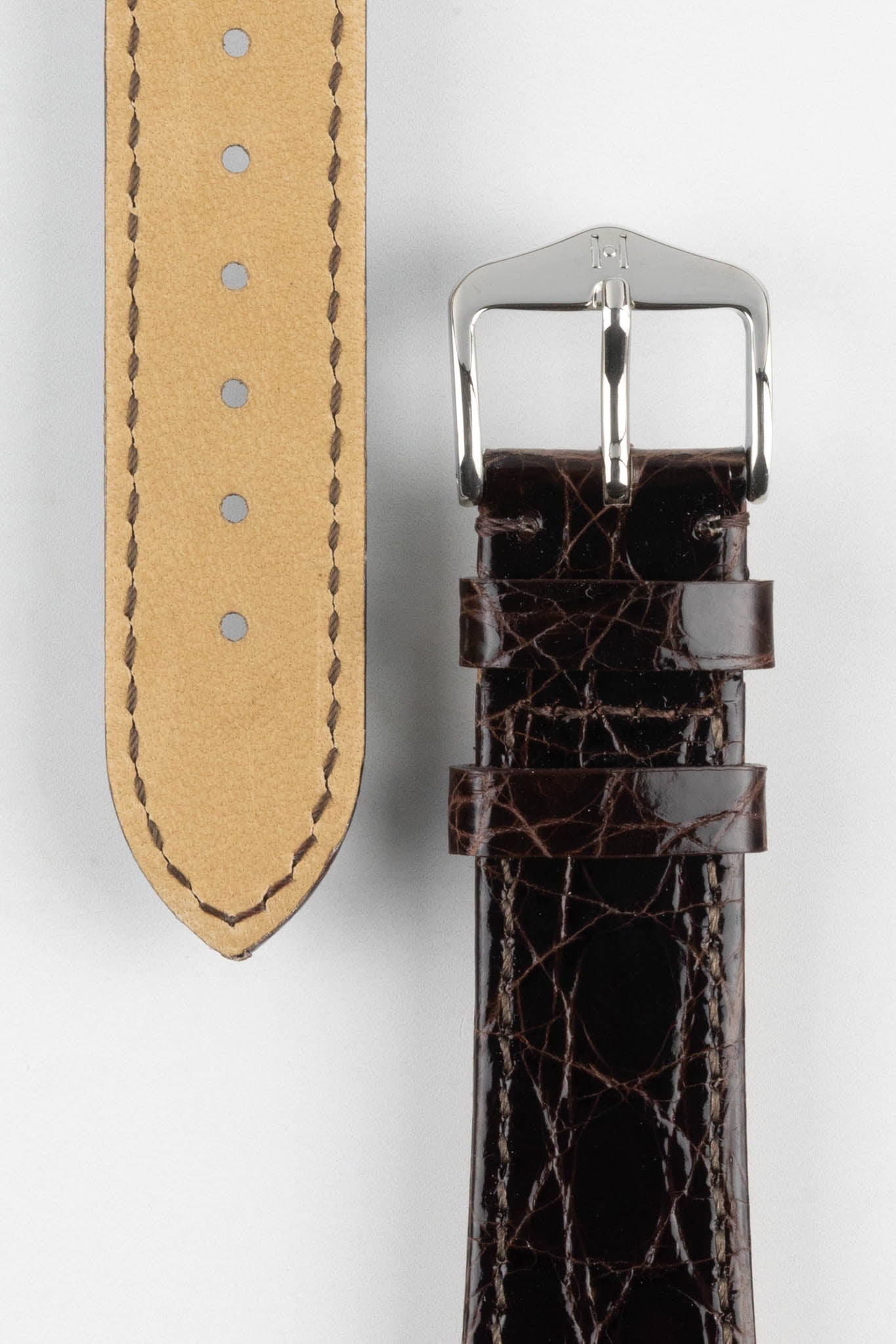 Hirsch GENUINE CROCO Shiny Crocodile Leather Watch Strap in BROWN