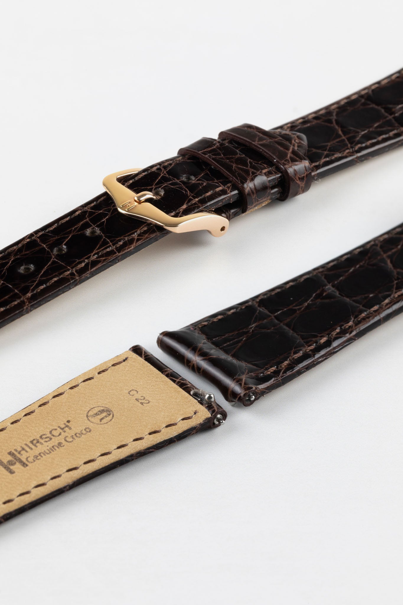 Hirsch GENUINE CROCO Shiny Crocodile Leather Watch Strap in BROWN