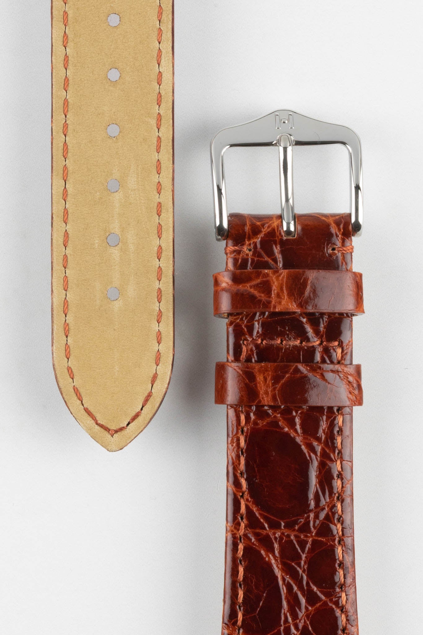 Hirsch GENUINE CROCO Shiny Crocodile Leather Watch Strap in GOLD BROWN