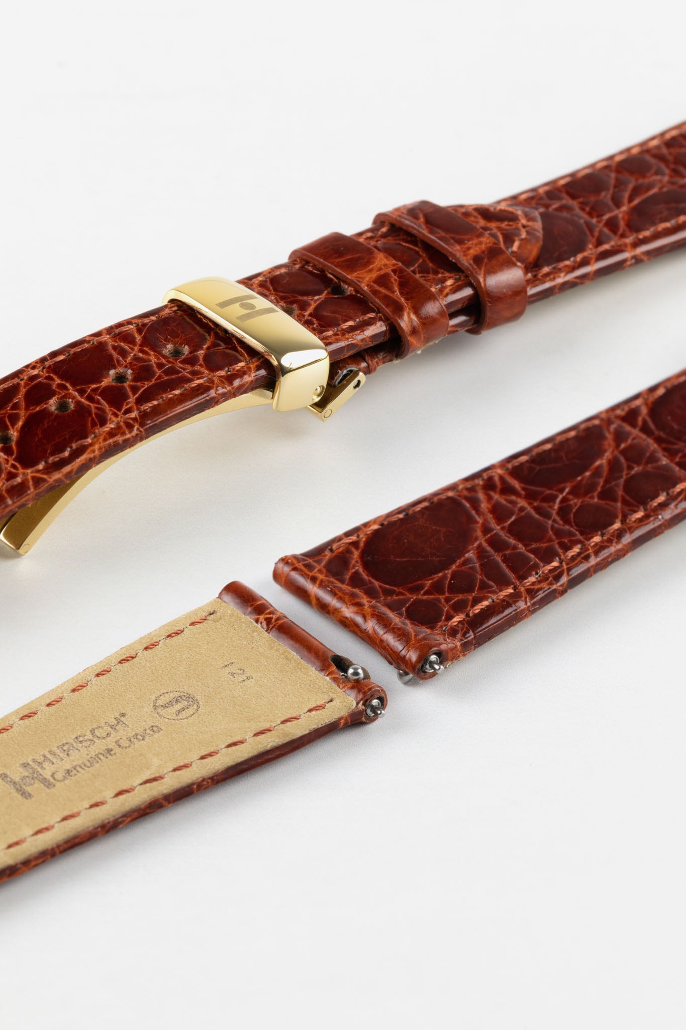 Hirsch GENUINE CROCO Shiny Crocodile Leather Watch Strap in GOLD BROWN