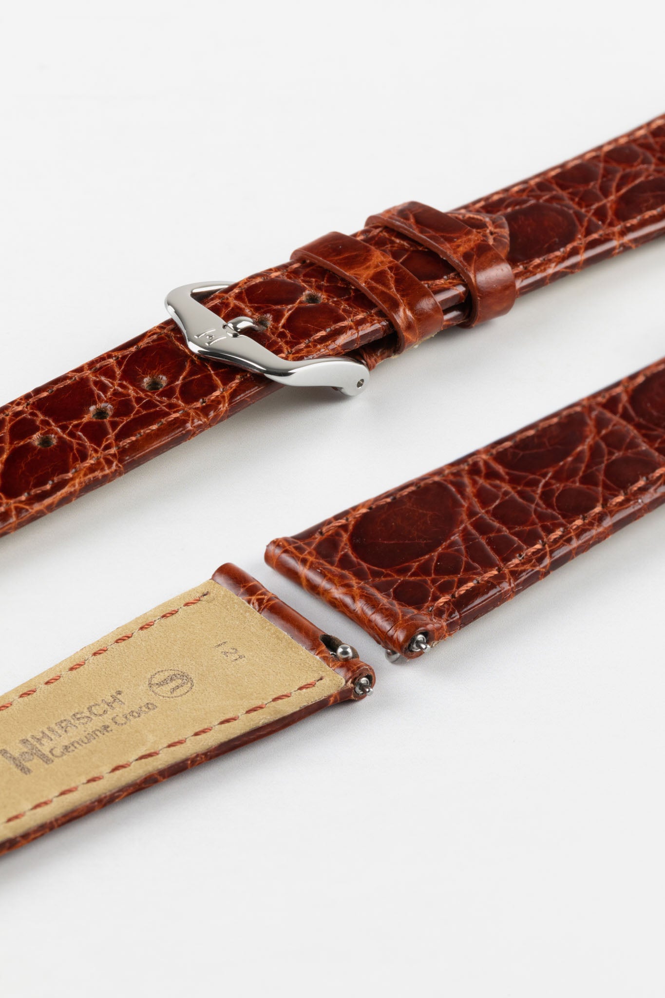 Hirsch GENUINE CROCO Shiny Crocodile Leather Watch Strap in GOLD BROWN