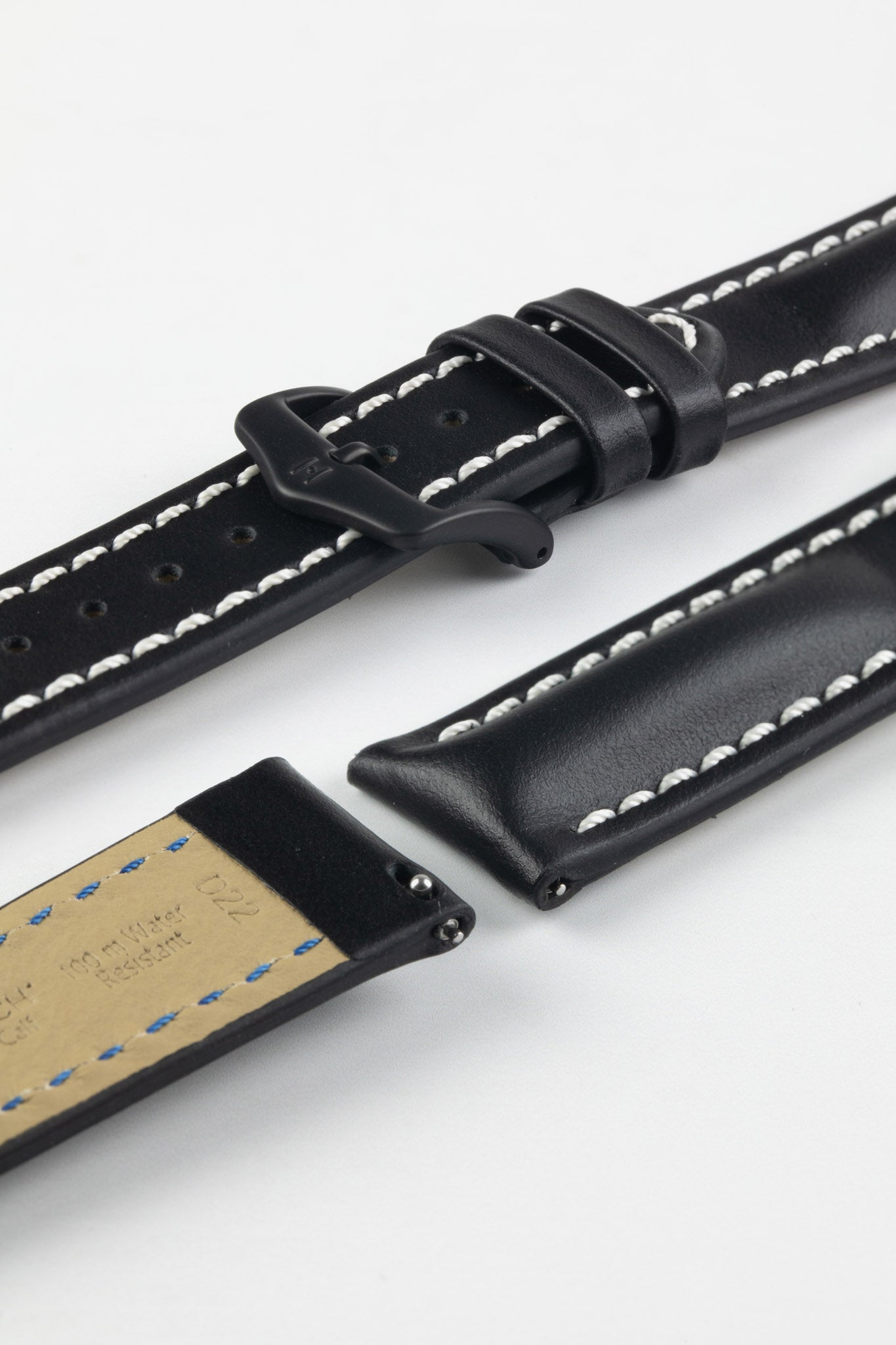 Hirsch HEAVY CALF Water-Resistant Calf Leather Watch Strap in BLACK / WHITE