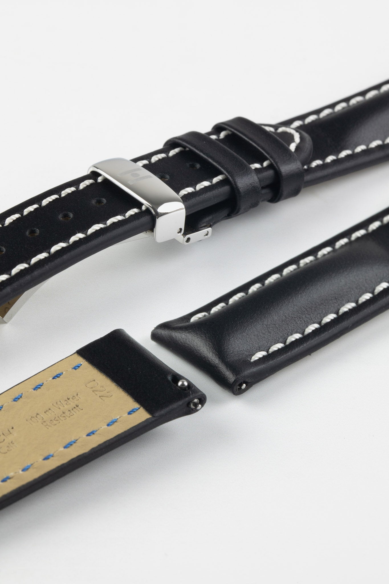 Hirsch HEAVY CALF Water-Resistant Calf Leather Watch Strap in BLACK / WHITE