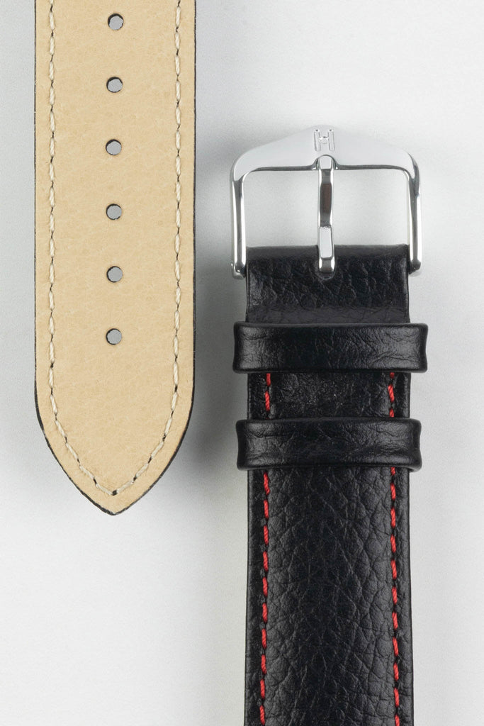 black leather watch strap with red stitching 